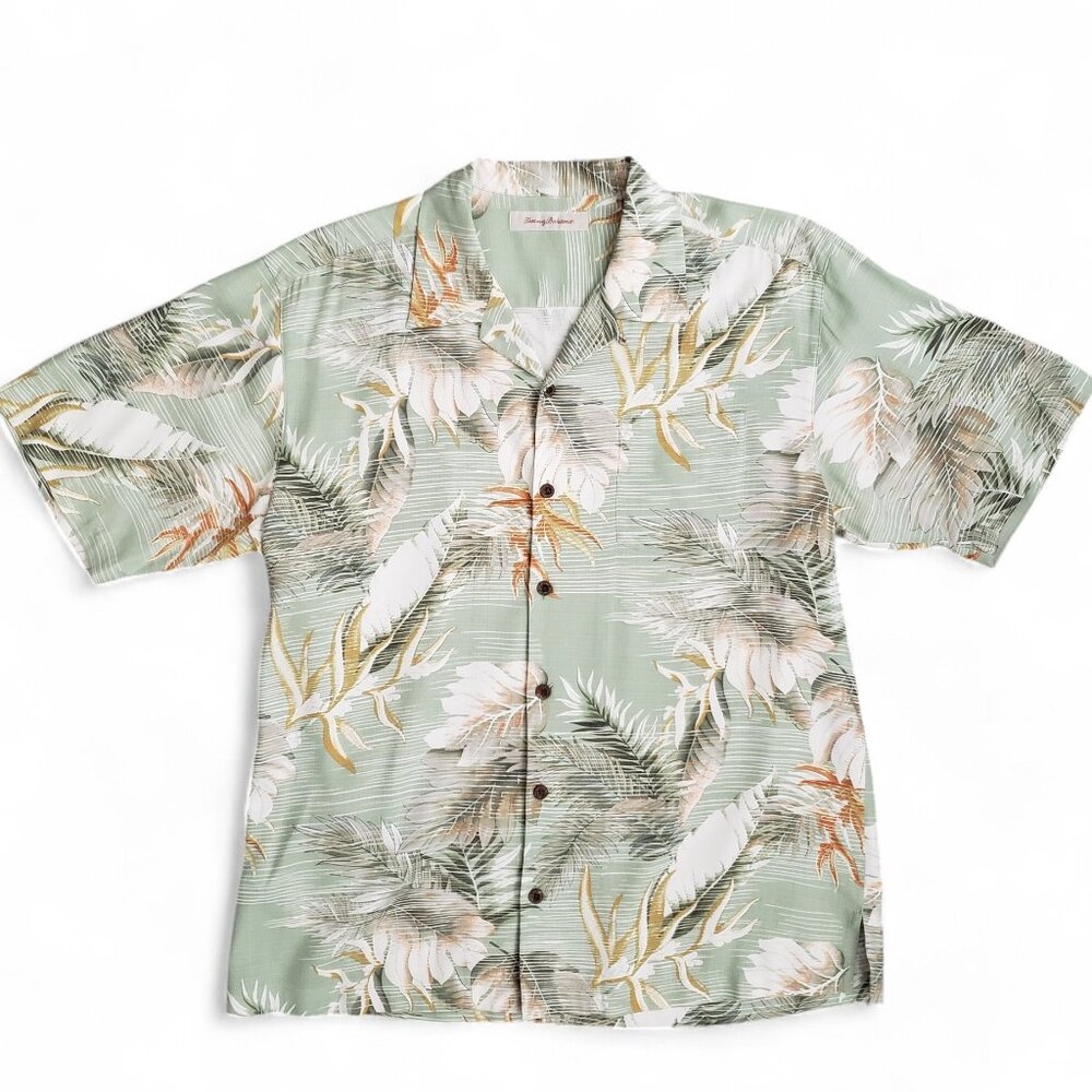 Tommy Bahama Silk Shirt Men's Hawaiian Resort Camp‎ Palm Print Relaxed Prep L